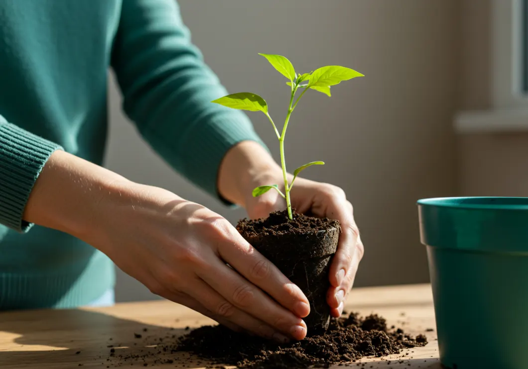 Manos trasplantando una planta a una maceta nueva